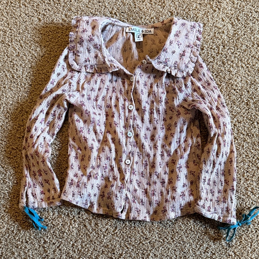 Emile et Ida Girls' Button-Up Top in Dusty Pink Floral